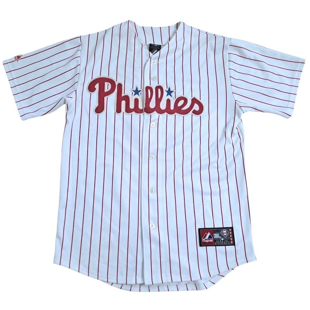 Majestic Phillies Jimmy Rollins #11 Pinstripe Jersey White/Red Size Large